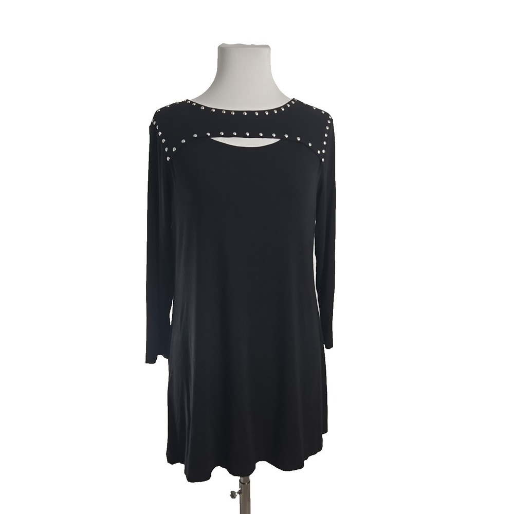 Max & Rina Black Jersey Studded Keyhole 3/4 Sleeve Tunic Top Large L